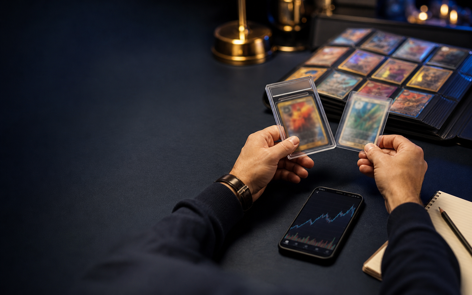 Collector comparing protected cards beside market information