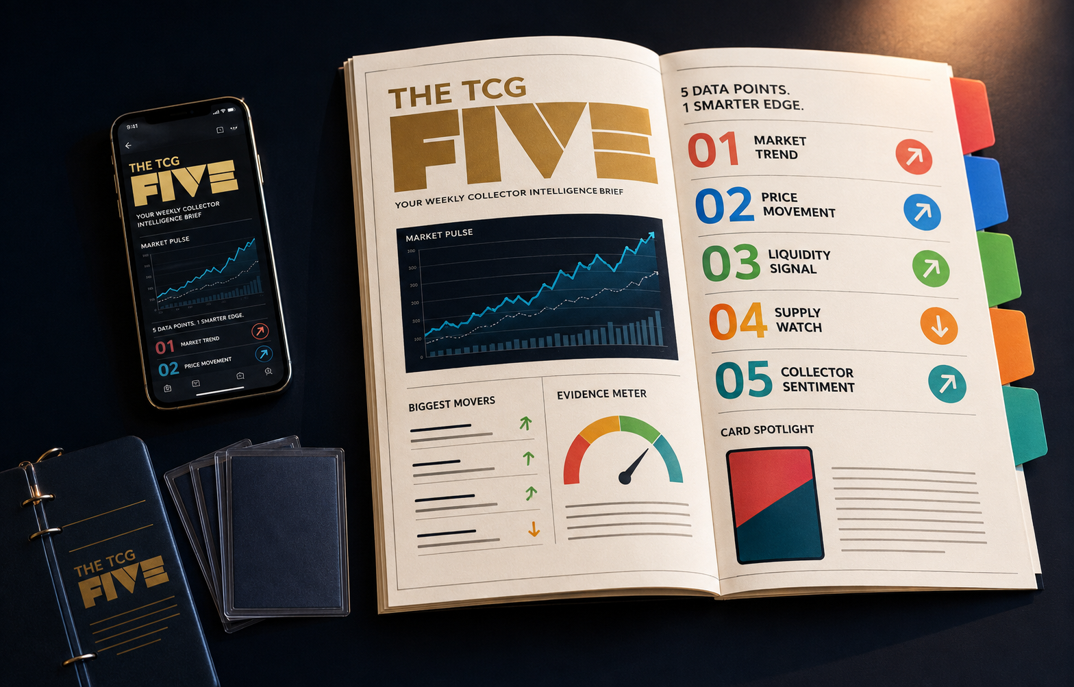 THE TCG FIVE collector intelligence notebook and phone